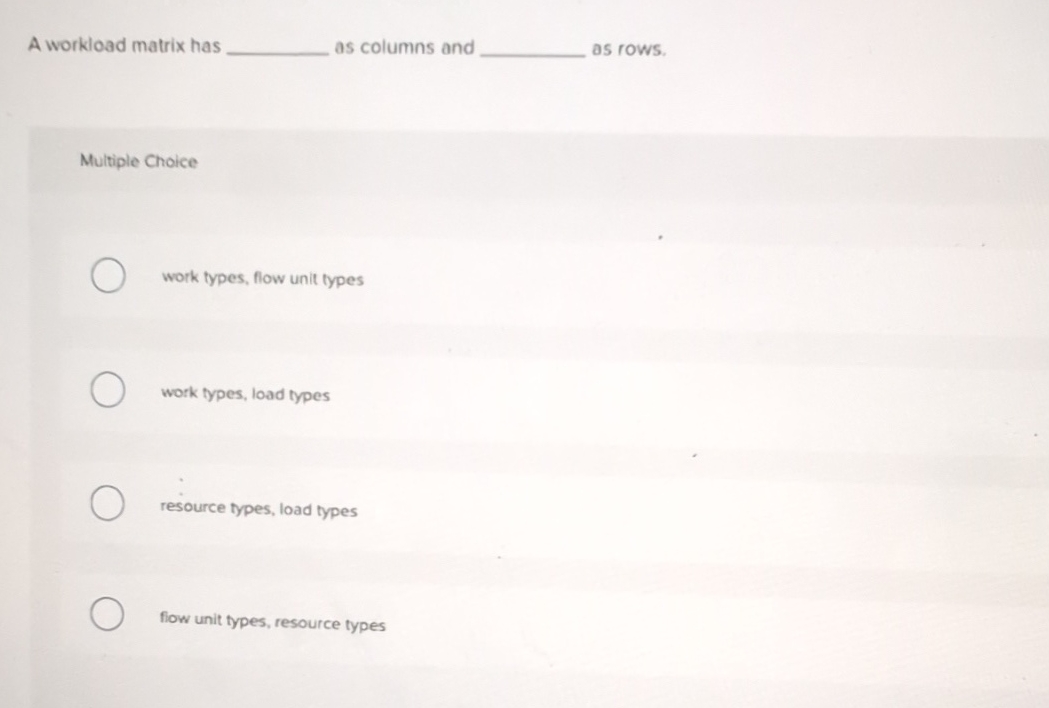  A workload matrix has as columns and as rows. Multiple Choice