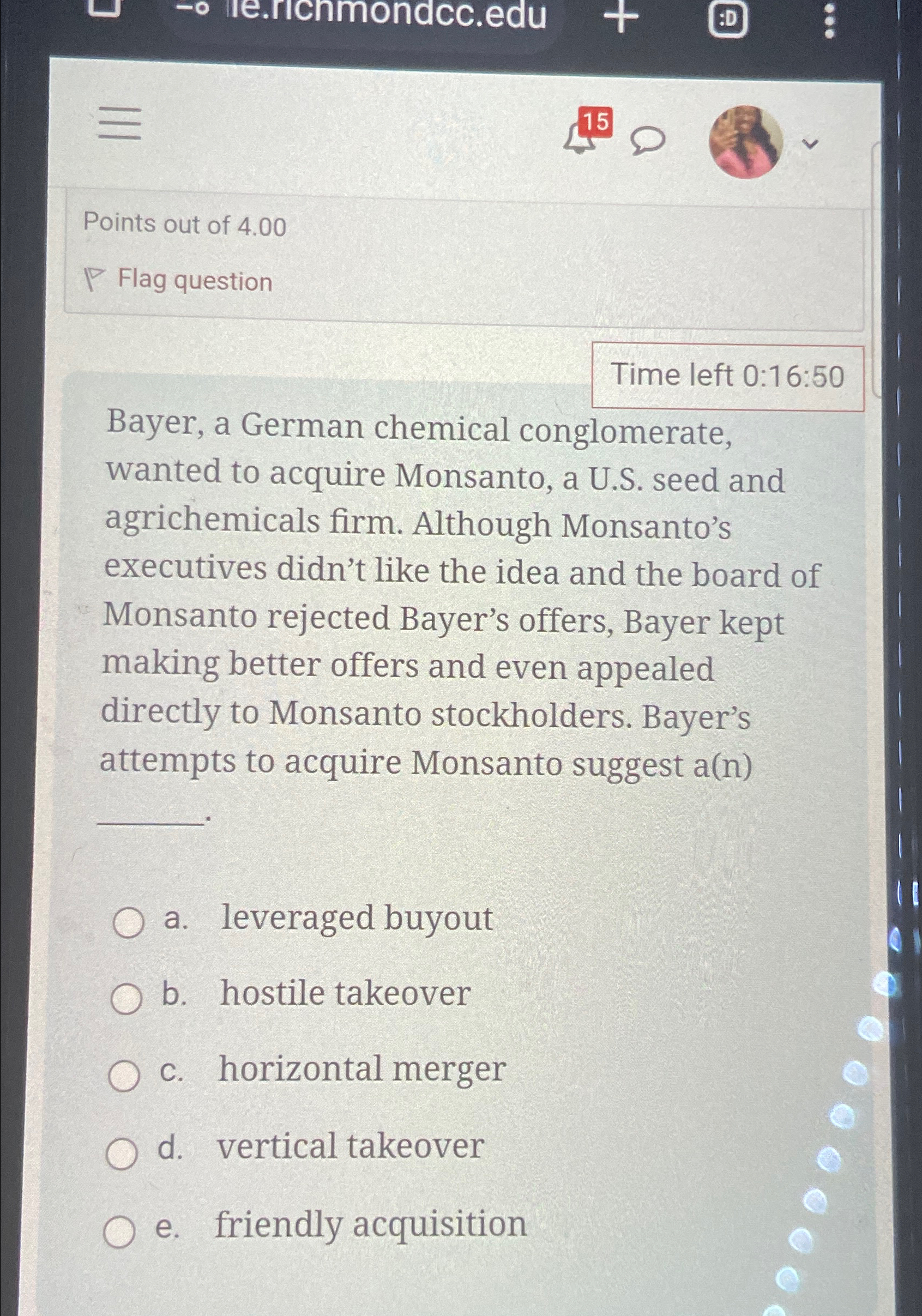  Points out of 4.00 Flag question Time left 0:16:50 Bayer, a