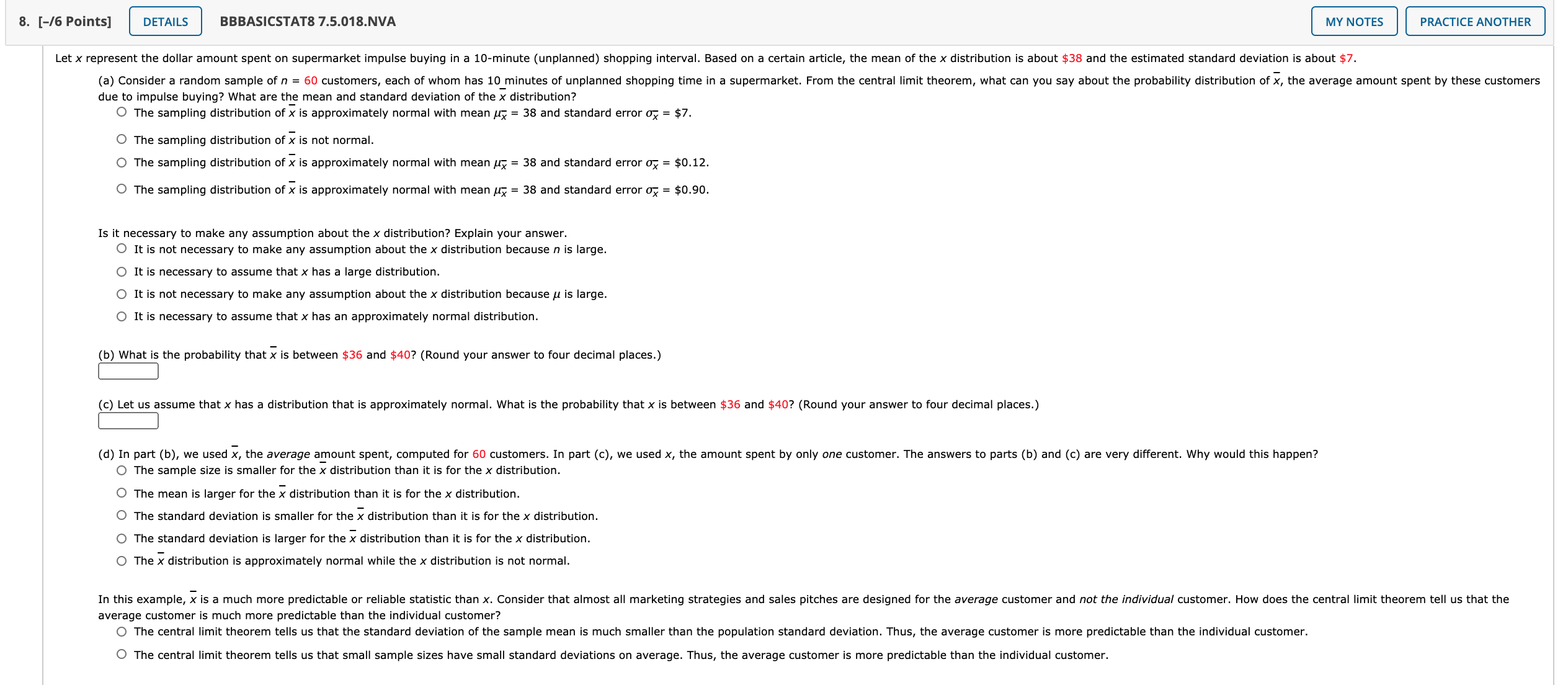 sample means? O Yes, the x distribution is normal with mean ux
