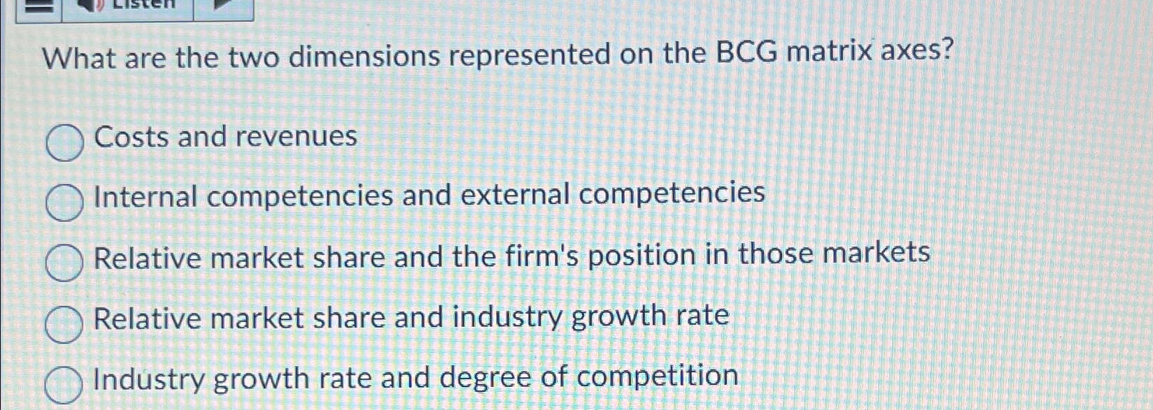  What are the two dimensions represented on the BCG matrix axes?