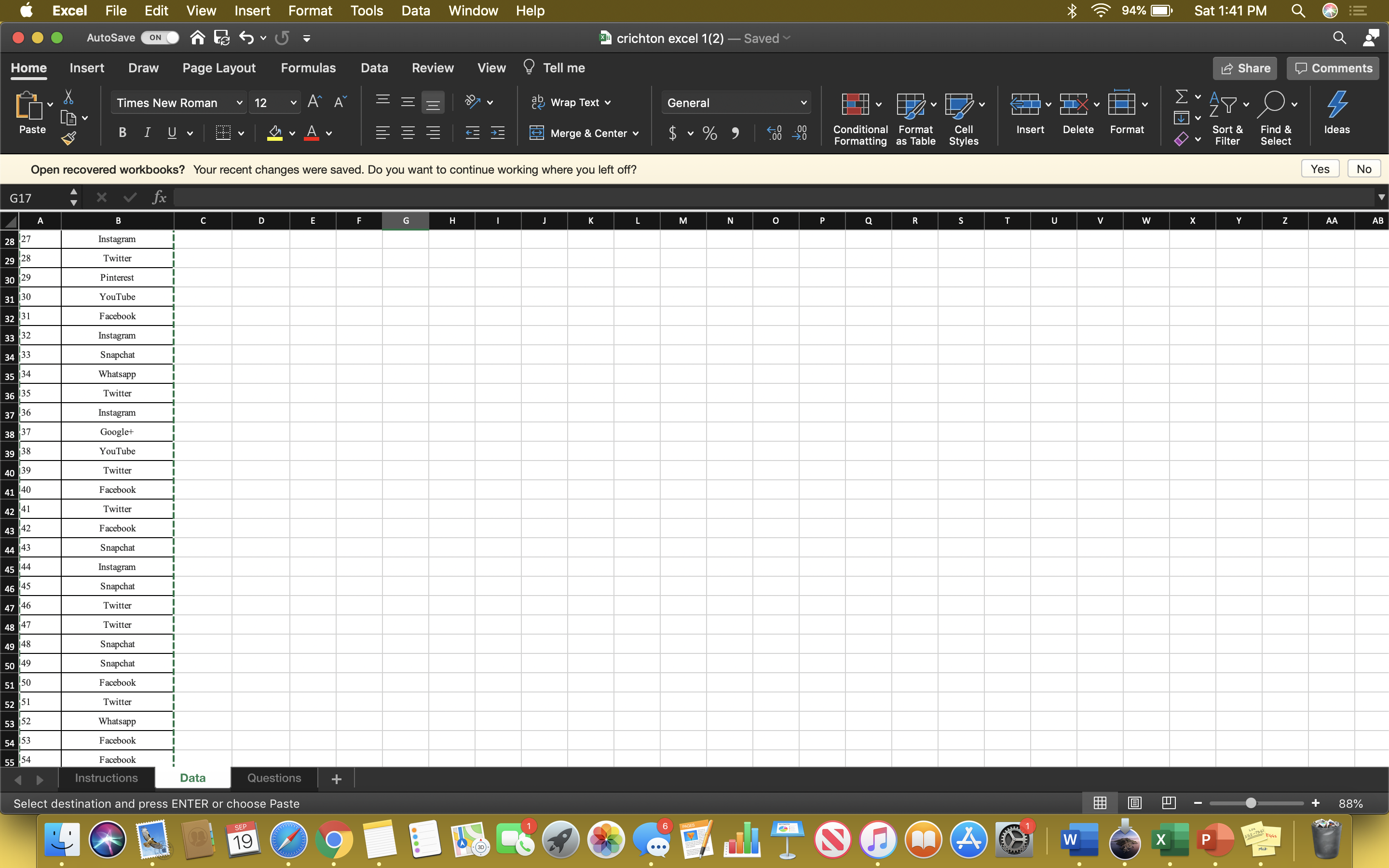Start Excel. Download and open the workbook named: 0 12 1 Describing_Data_B_Displaying_Qualitative_Data_Start
