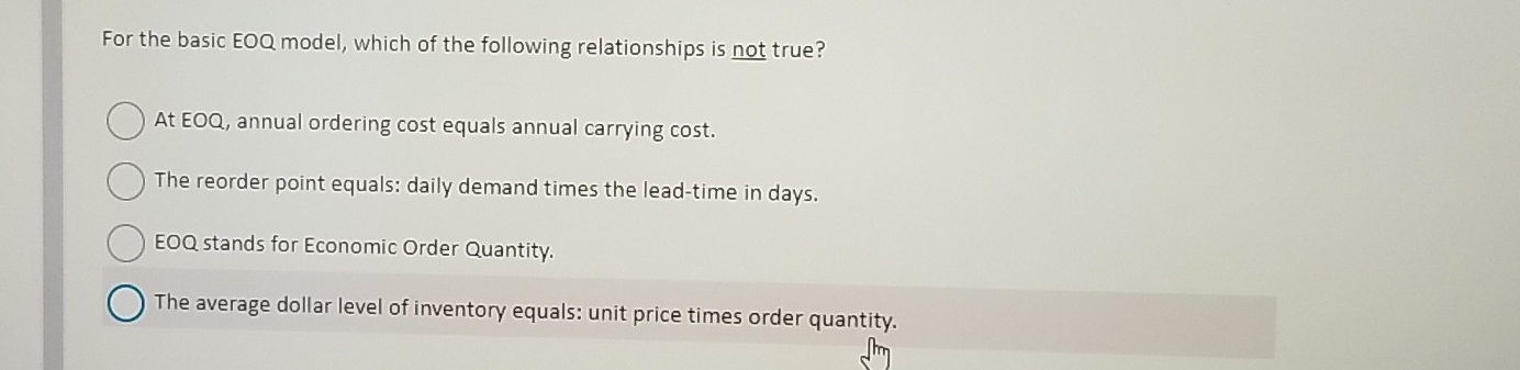  For the basic EOQ model, which of the following relationships is