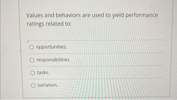 done focus on: variation. expectations. responsibilities. sufficiency. Values and behaviors are used