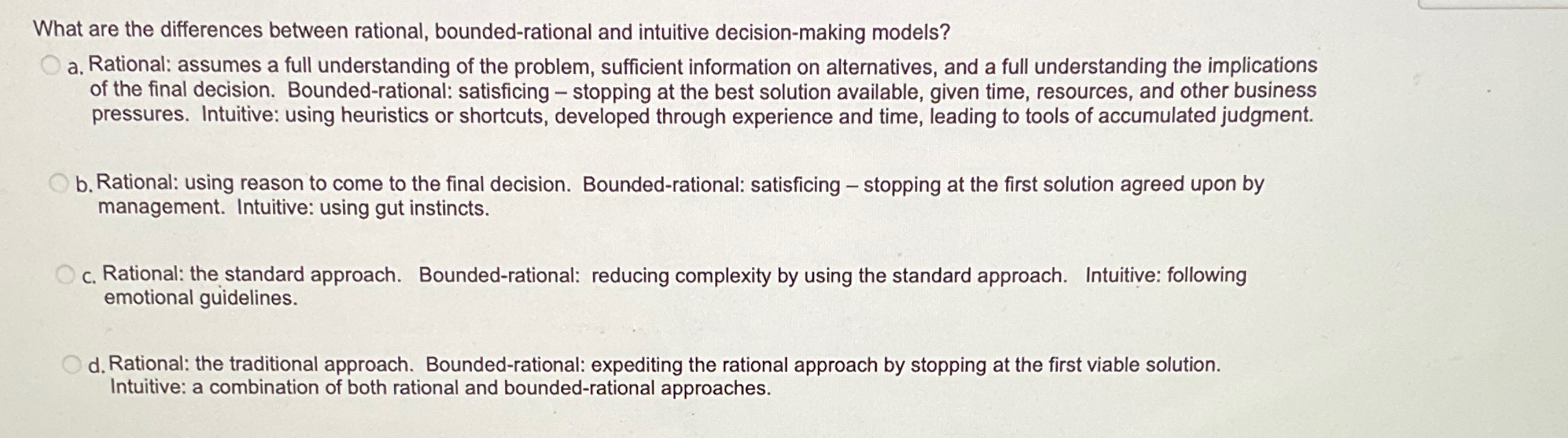  What are the differences between rational, bounded-rational and intuitive decision-making models?