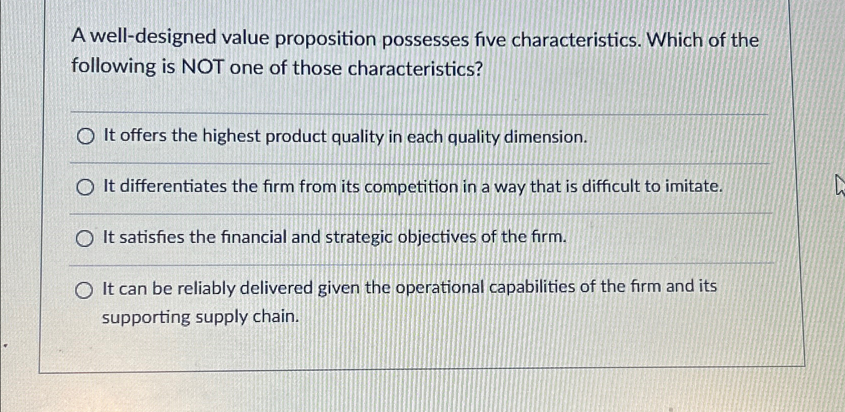  A well-designed value proposition possesses five characteristics. Which of the following