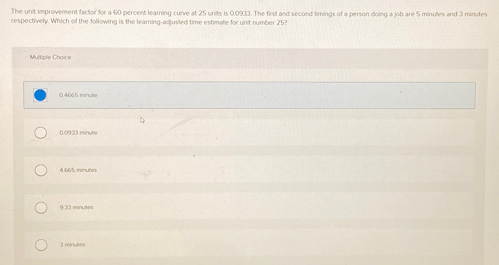  The unit improvement factor for a 60 percent learning curve at