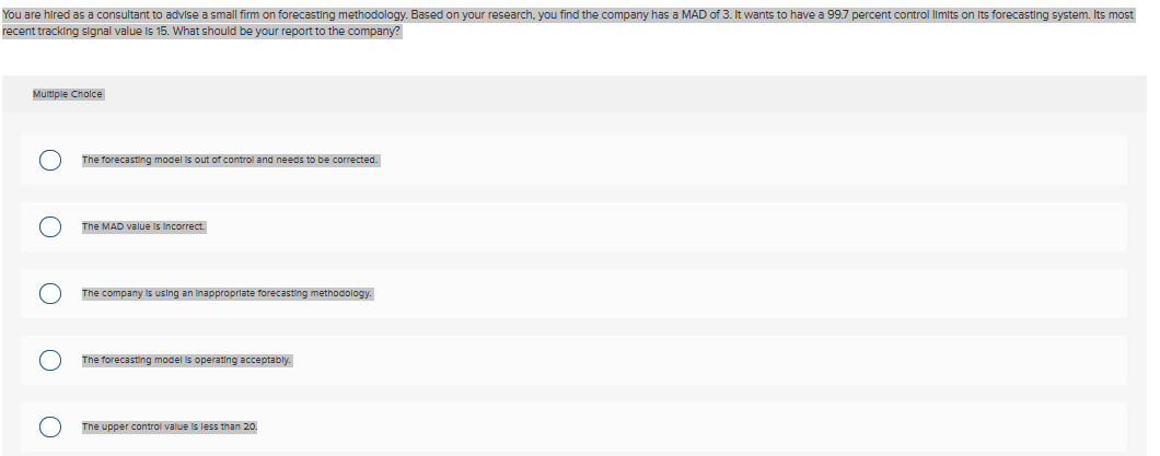  recent tracking signal value is 15. What should be your report
