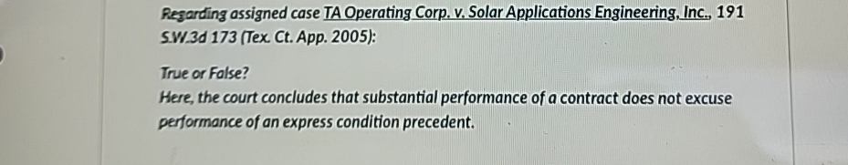  Regarding assigned case TA Operating Corp. v. Solar Applications Engineering, Inc.,