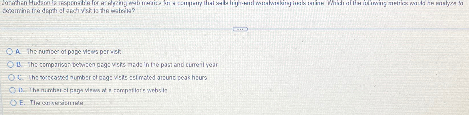  Jonathan Hudson is responsible for analyzing web metrics for a company