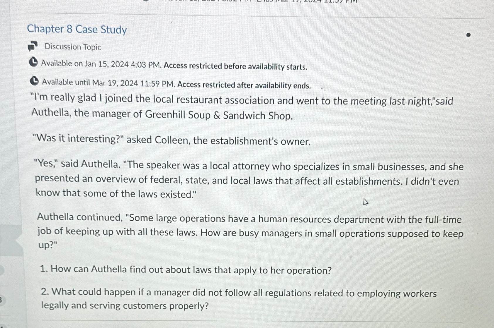  Chapter 8 Case Study Discussion Topic Available on Jan 15,20244:03 PM.