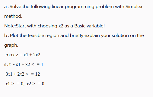  a. Solve the following linear programming problem with Simplex method. Note:Start