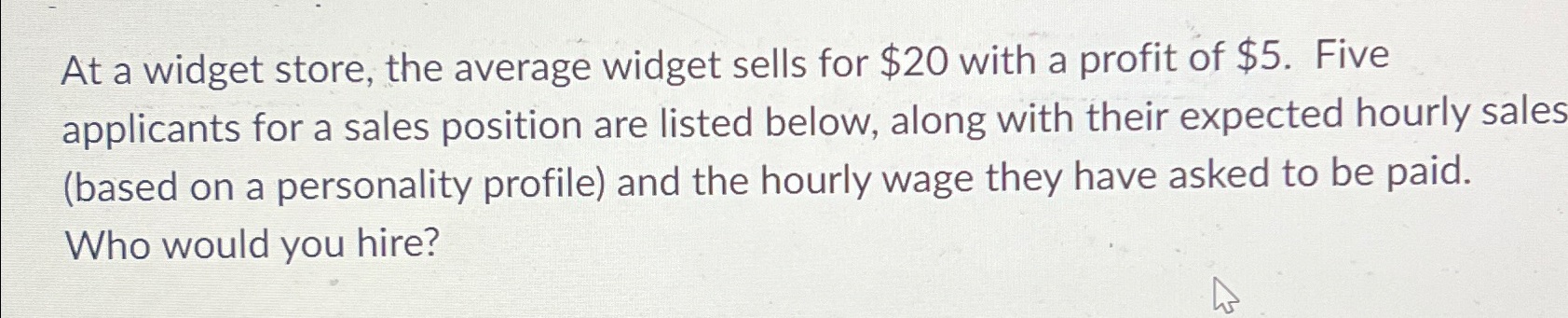  At a widget store, the average widget sells for $20 with