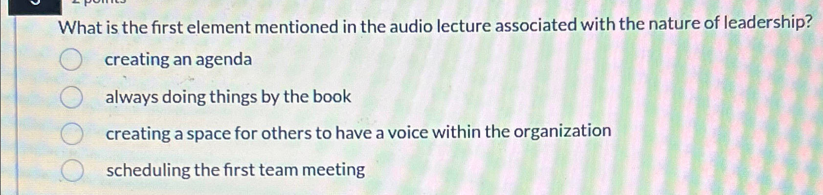  What is the first element mentioned in the audio lecture associated