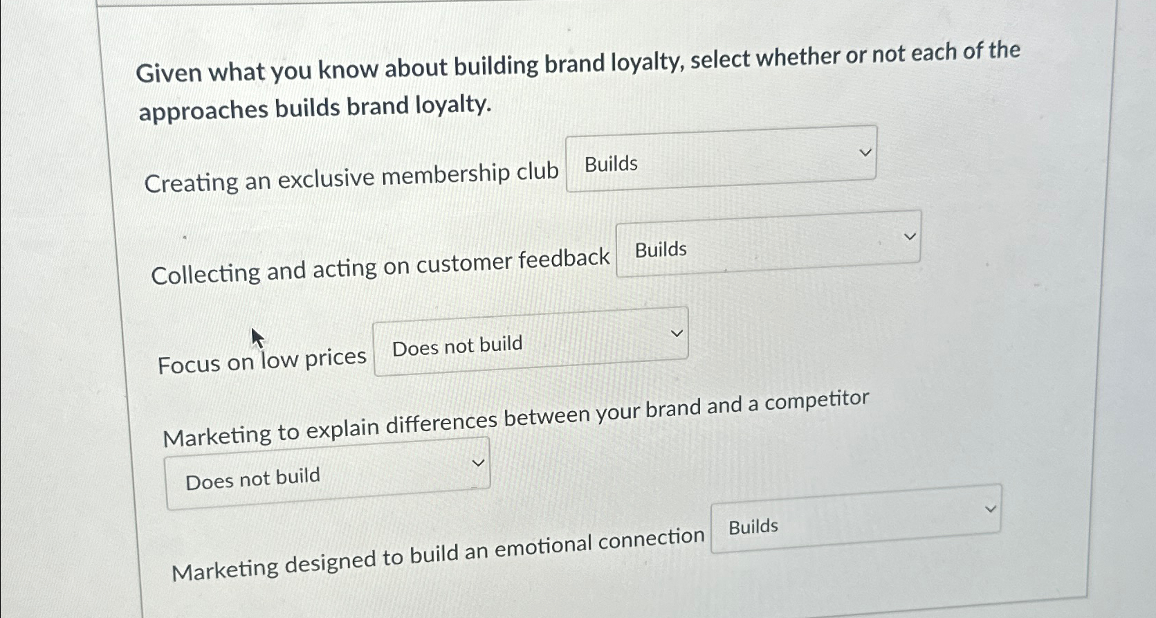  Given what you know about building brand loyalty, select whether or