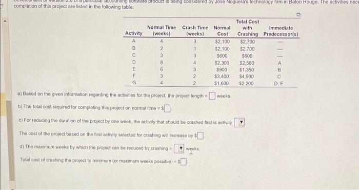 help a) Based on the given information regarding the activities for the