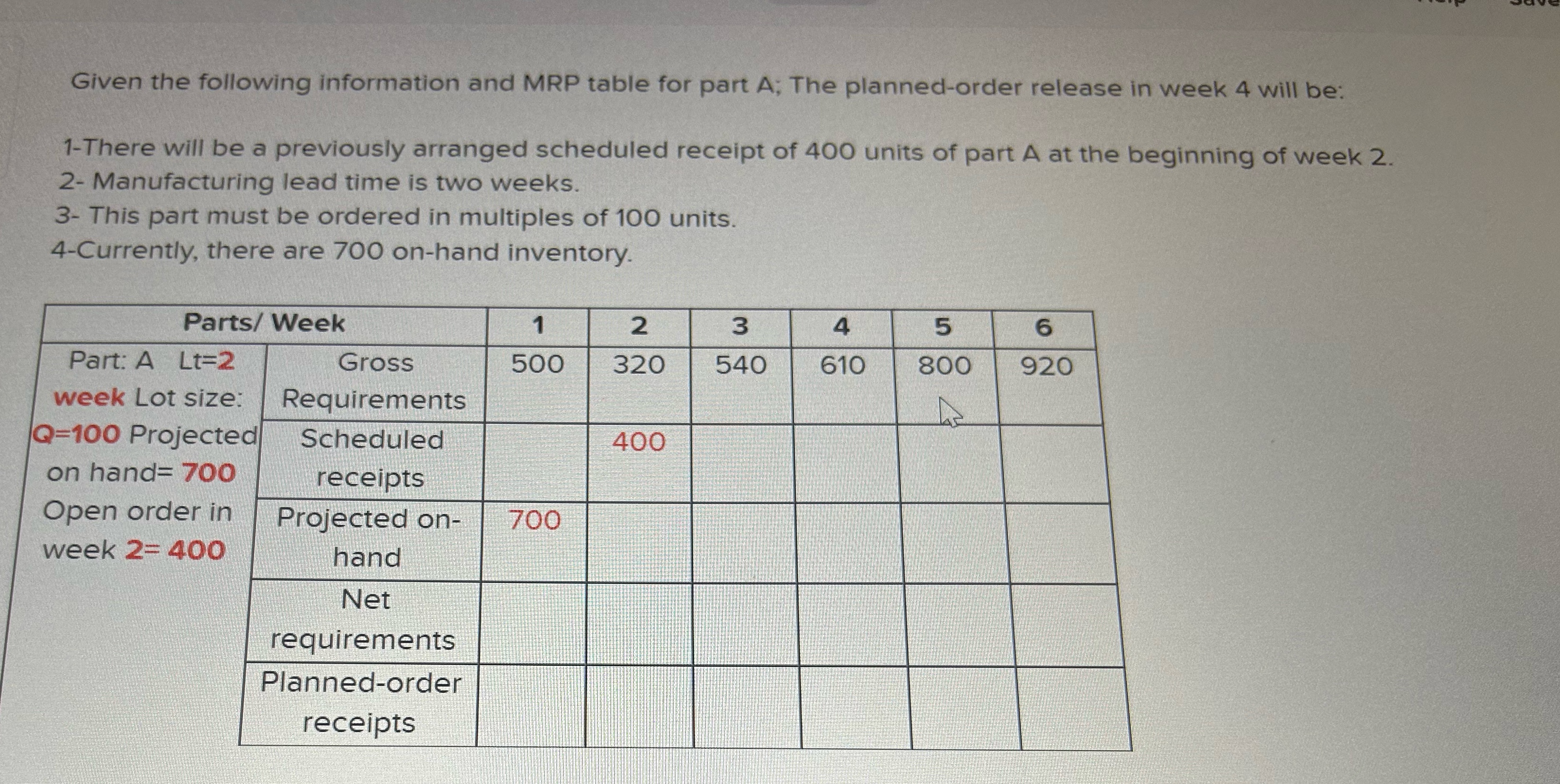  Given the following information and MRP table for part A; The