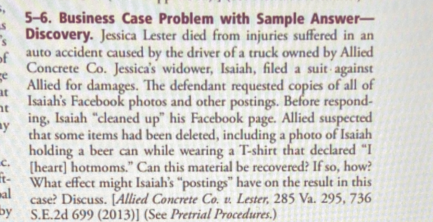  5-6. Business Case Problem with Sample AnswerDiscovery. Jessica Lester died from