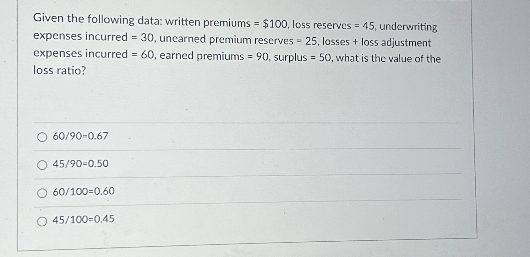  Given the following data: written premiums =$100, loss reserves =45, underwriting