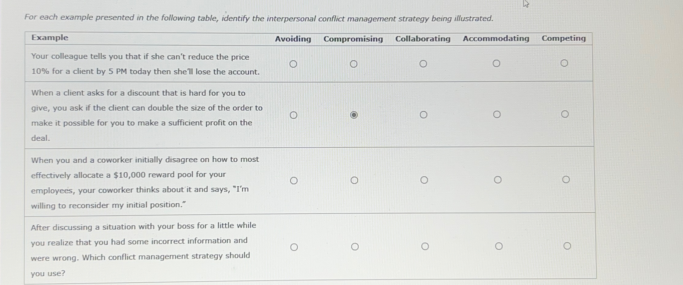 For each example presented in the following table, identify the interpersonal