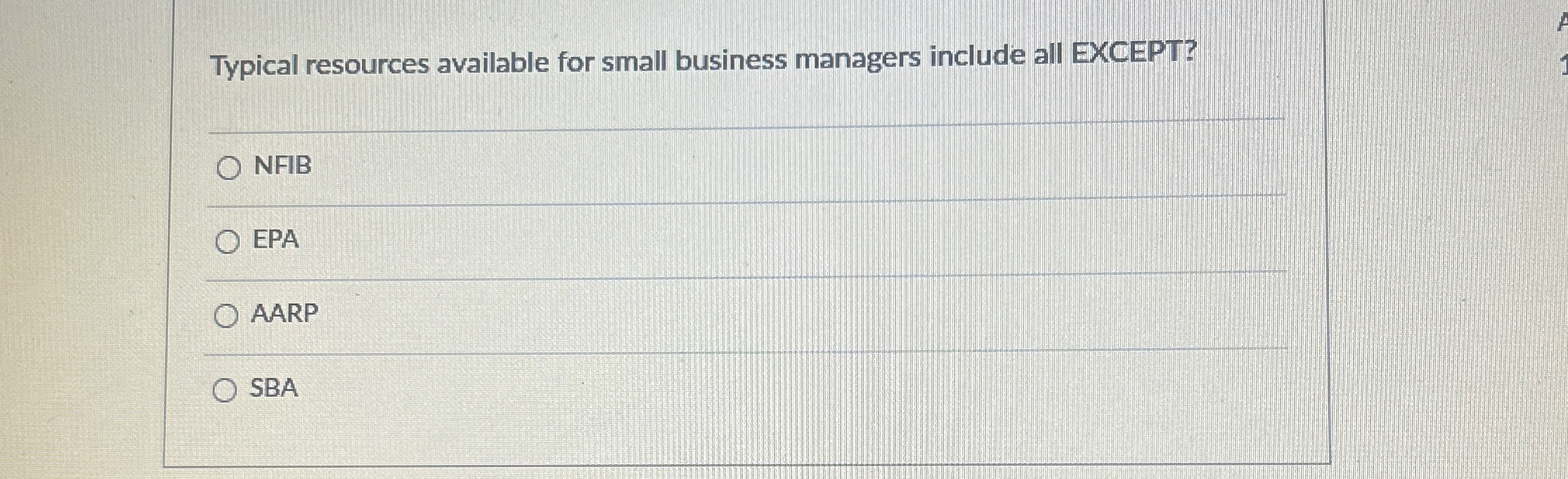  Typical resources available for small business managers include all EXCEPT? NFIB