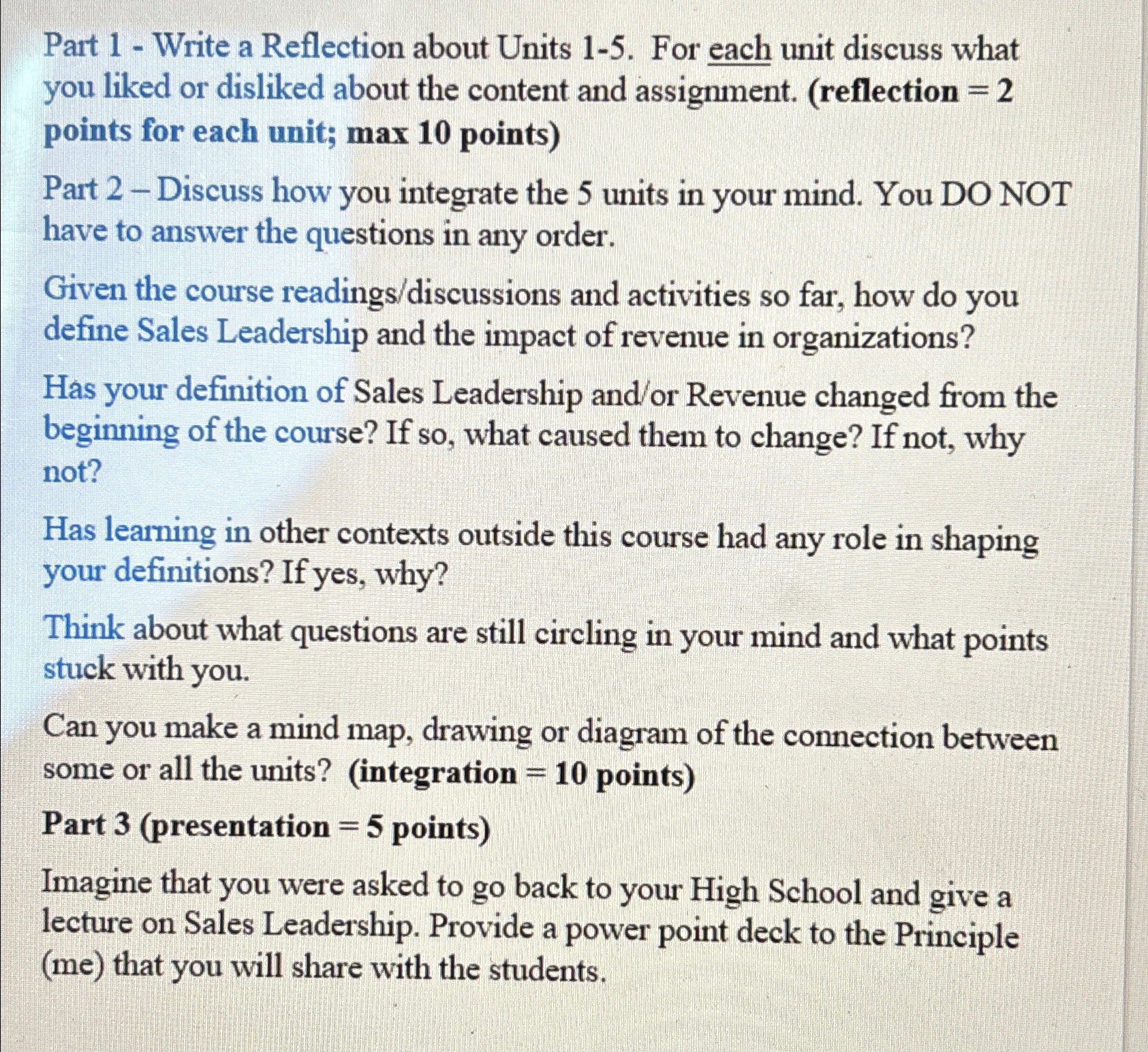  Part 1- Write a Reflection about Units 1-5. For each unit