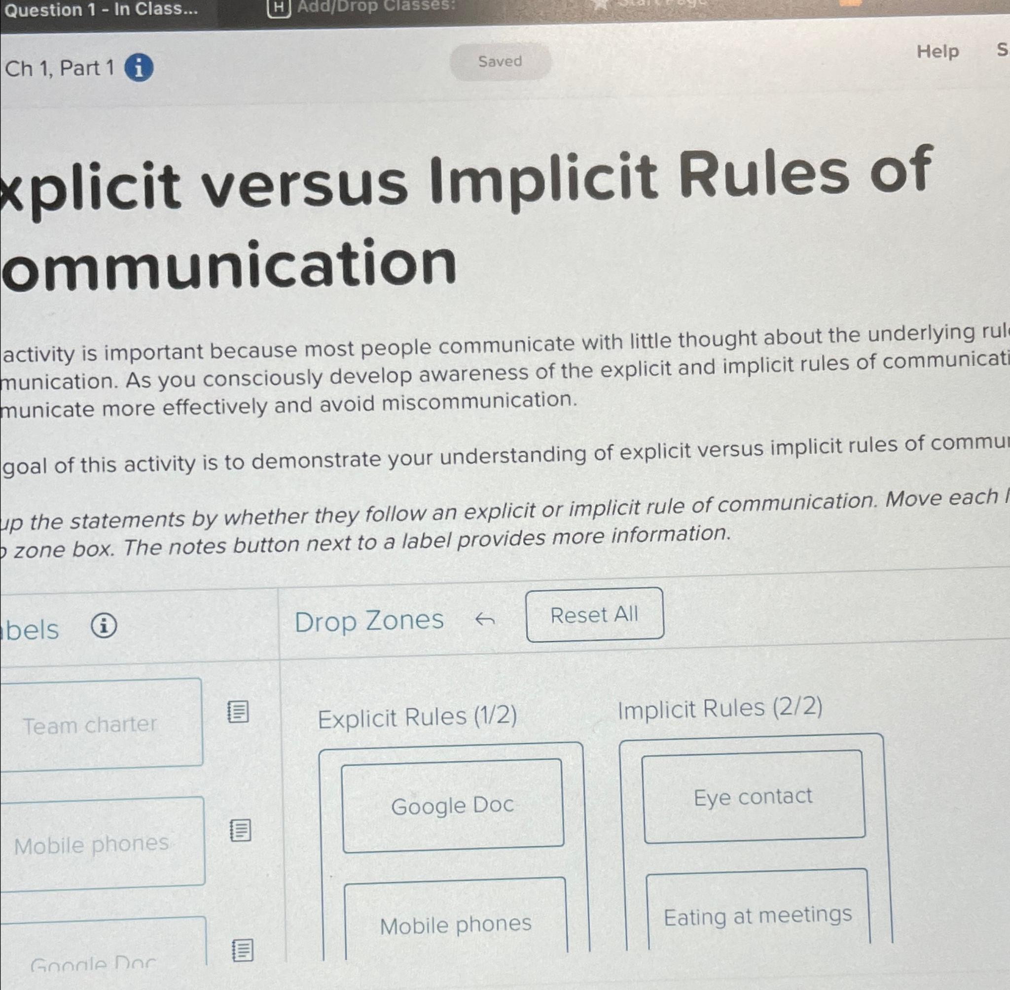  Question 1- In Class... Ch 1, Part 1 Saved Help xplicit