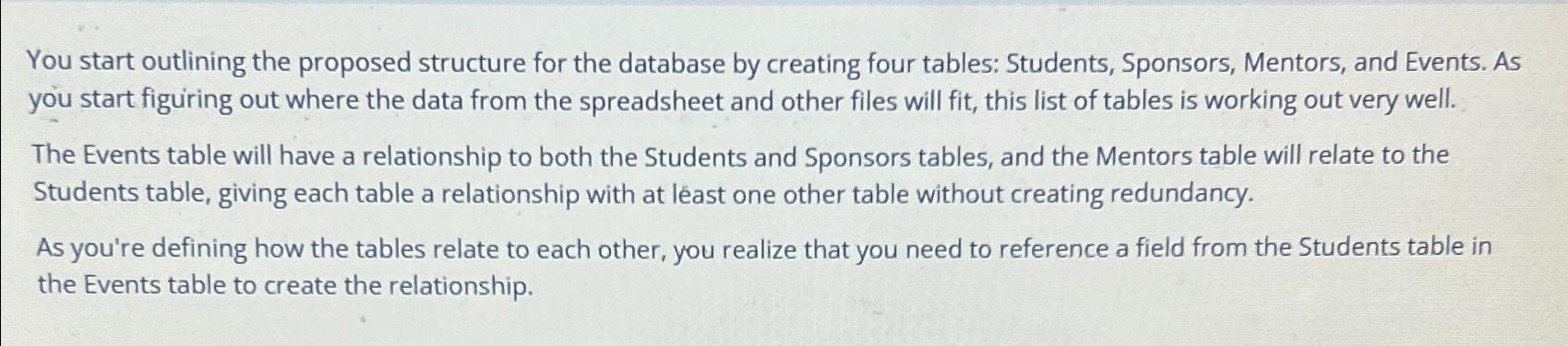  You start outlining the proposed structure for the database by creating