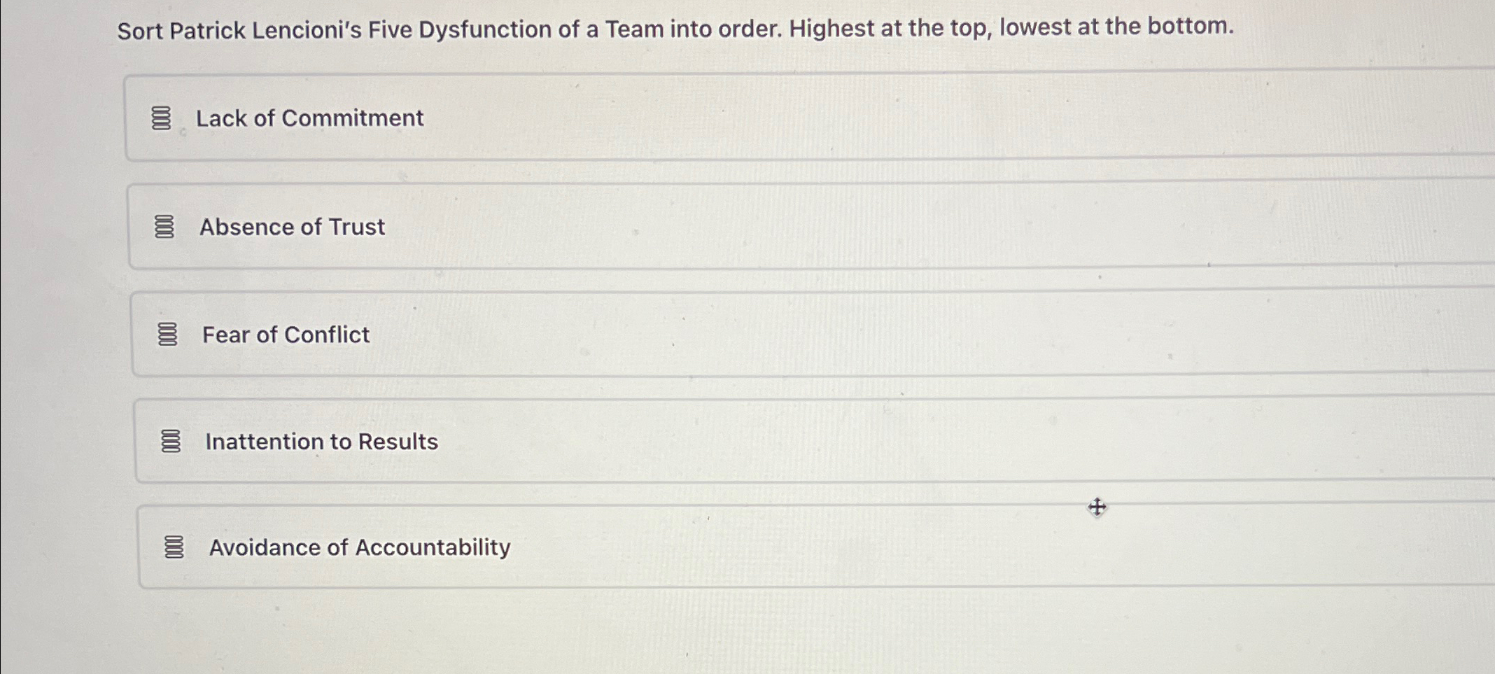  Sort Patrick Lencioni's Five Dysfunction of a Team into order. Highest
