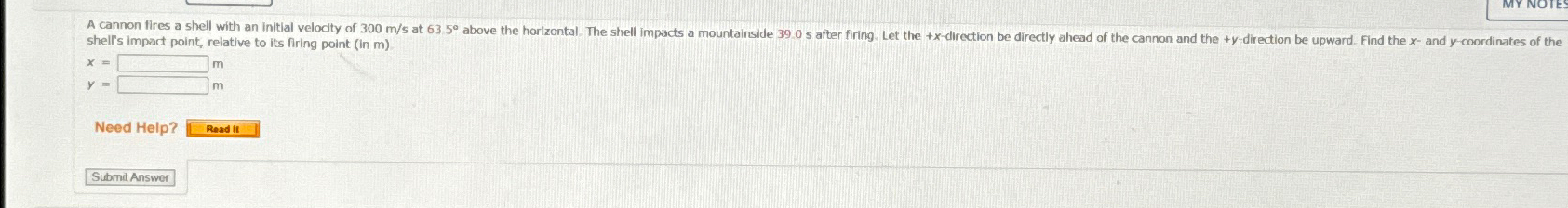  shell's impact point, relative to its firing point (in m) \table[[x=,m