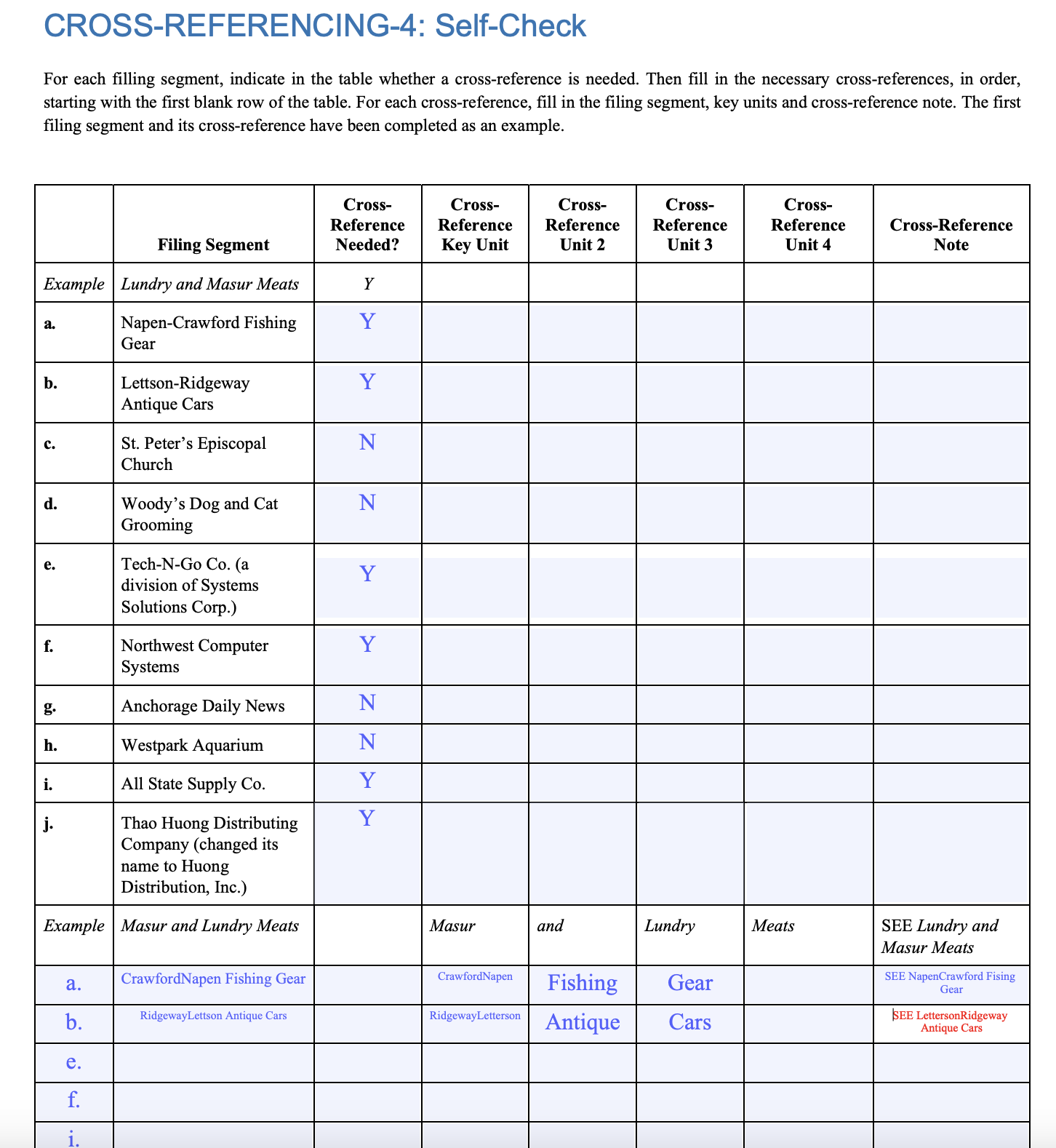 For each filling segment, indicate in the table whether a cross-reference