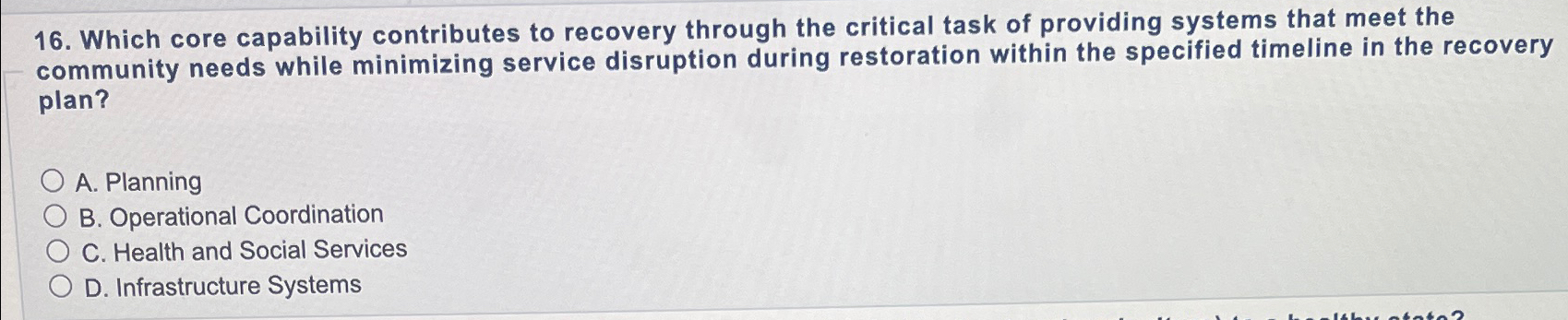  Which core capability contributes to recovery through the critical task of