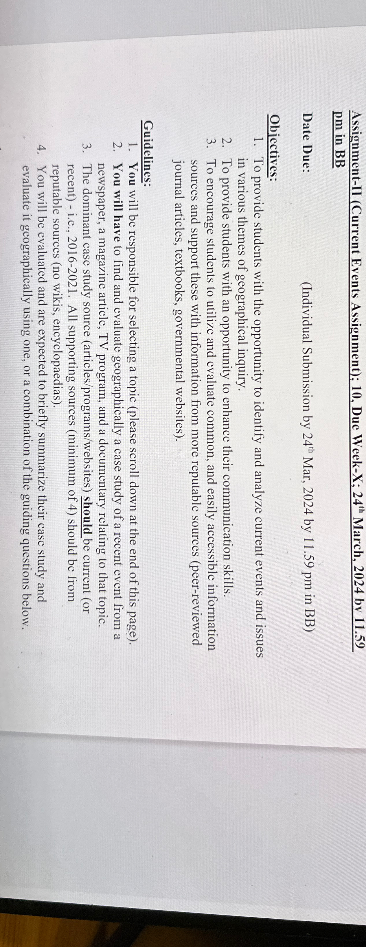  Assignment-II (Current Events Assignment); 10, Due Week-X; 24?th March, 2024 by