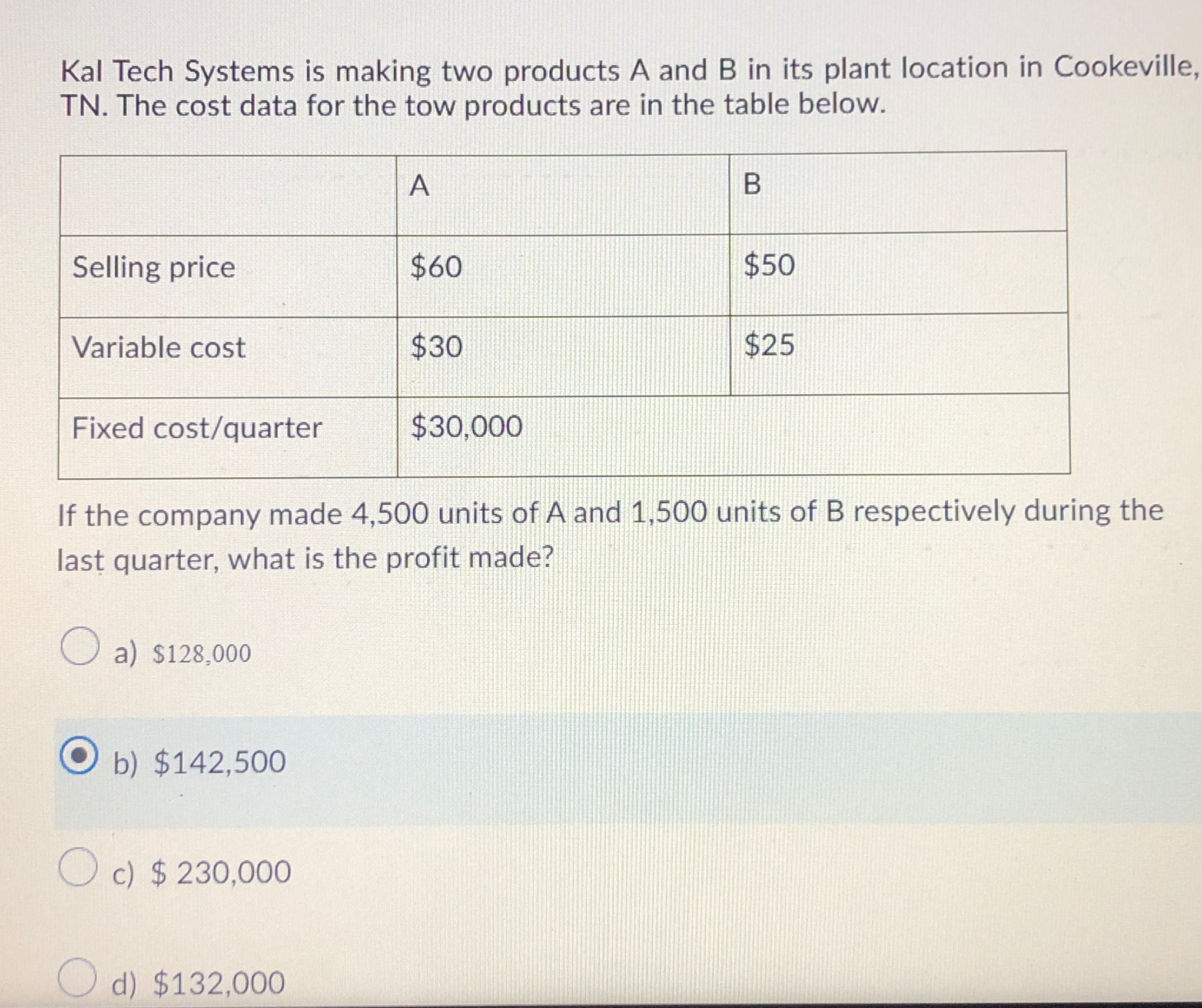  Kal Tech Systems is making two products A and B in
