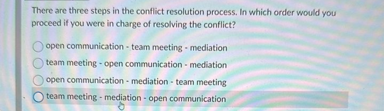  There are three steps in the conflict resolution process. In which
