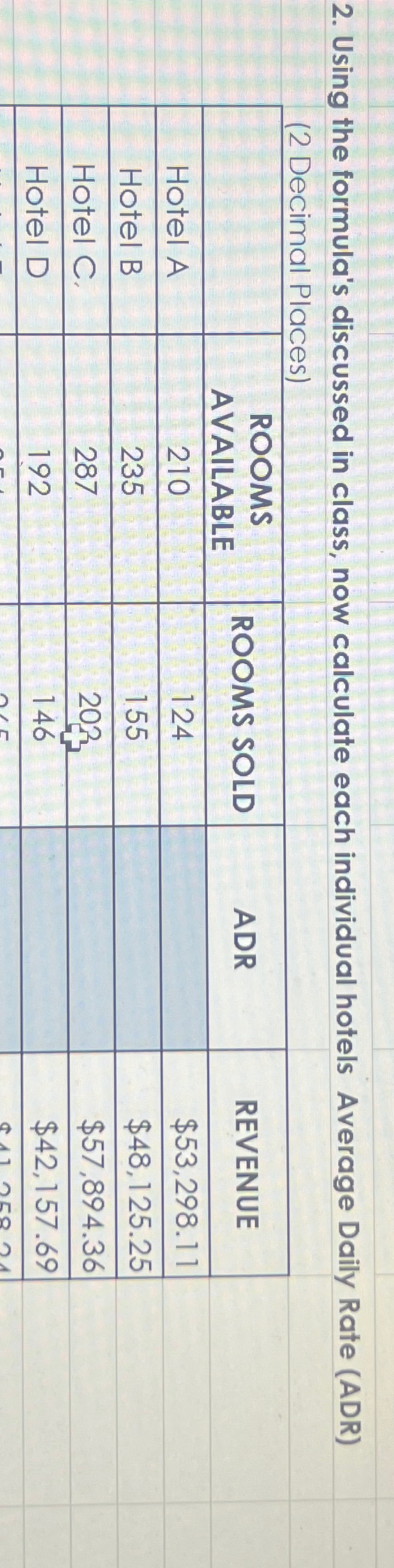  Using the formula's discussed in class, now calculate each individual hotels
