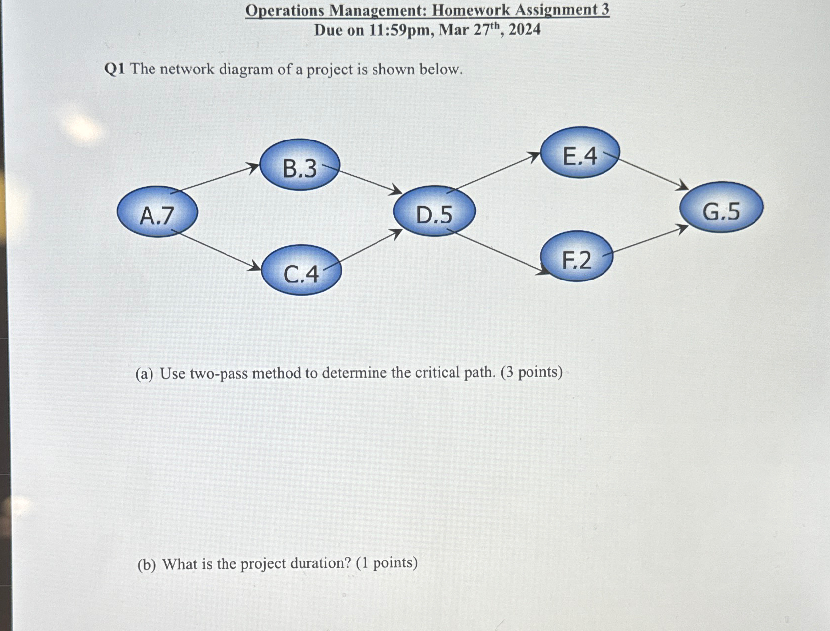  Operations Management: Homework Assignment 3 Due on 11:59pm, Mar 27th,2024 Q1