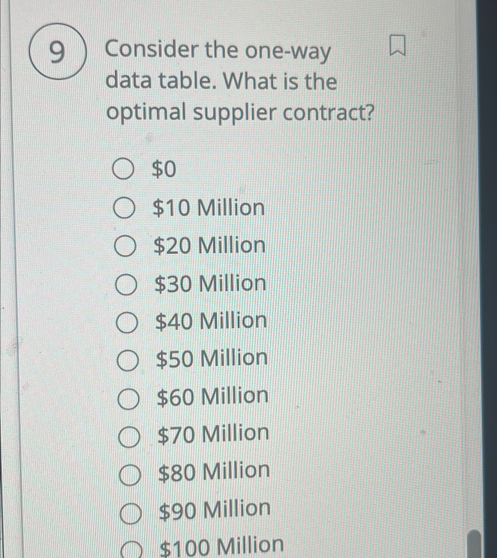  9 Consider the one-way data table. What is the optimal supplier