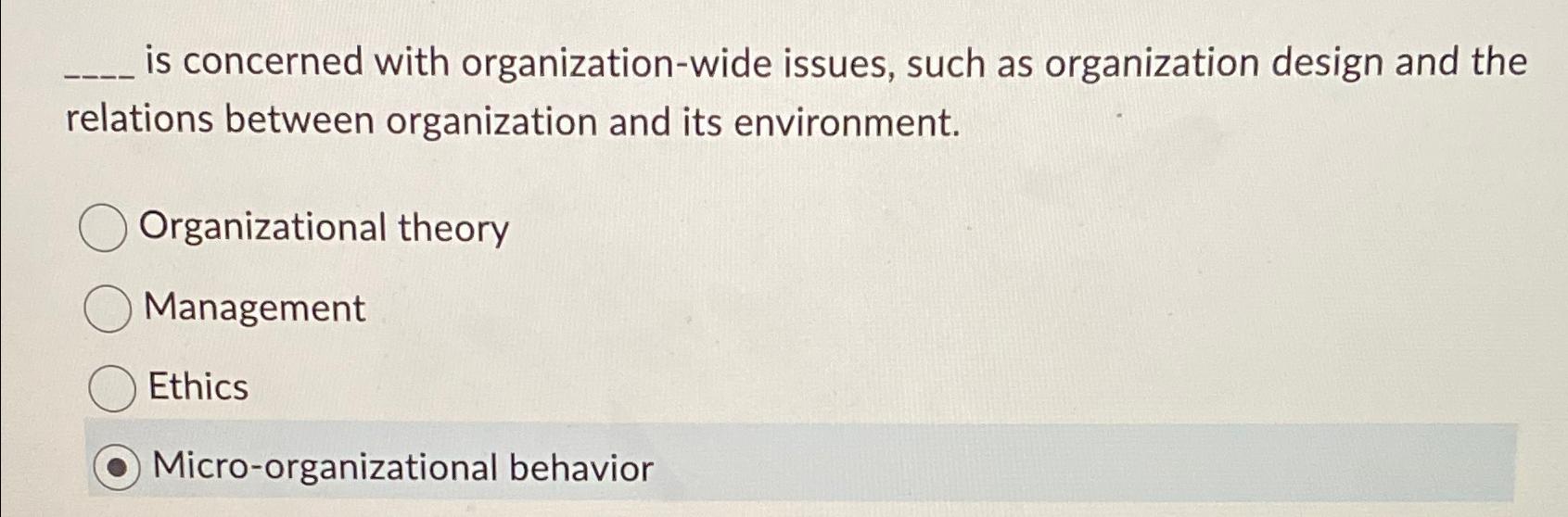  is concerned with organization-wide issues, such as organization design and the