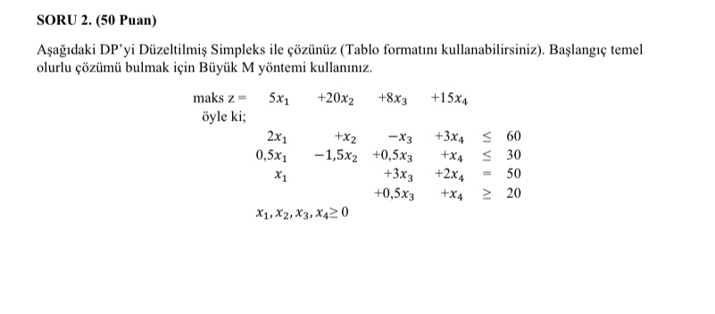  SORU 2.(50 Puan) Aadaki DP'yi Dzeltilmi Simpleks ile znz (Tablo formatn