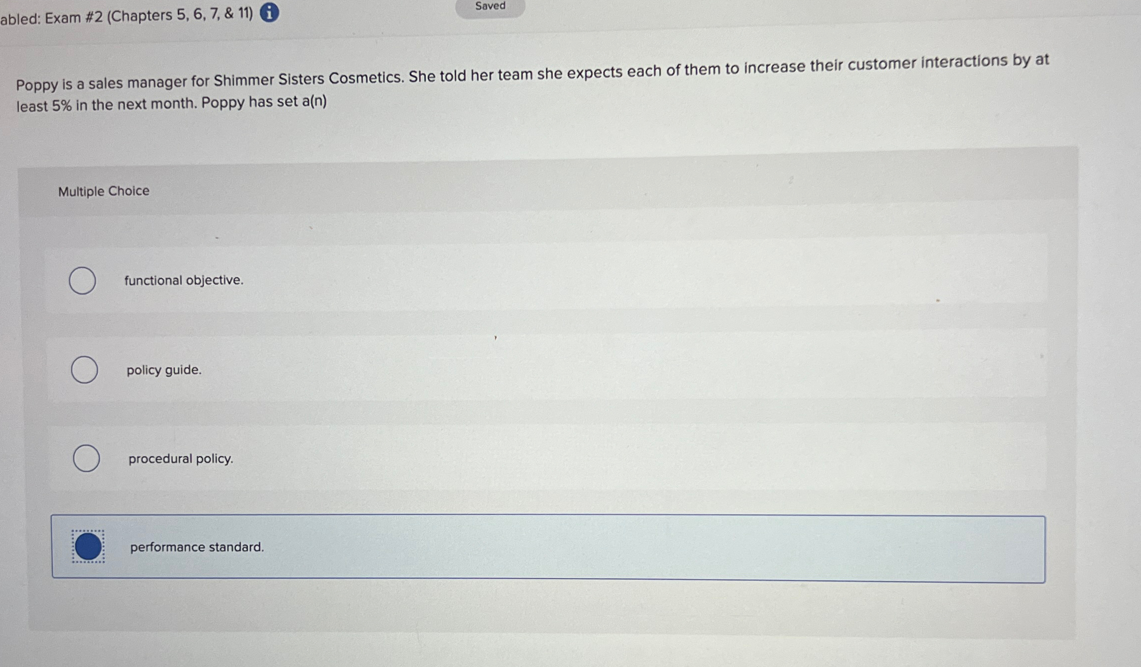  abled: Exam #2(Chapters 5,6,7, & 11) i Poppy is a sales