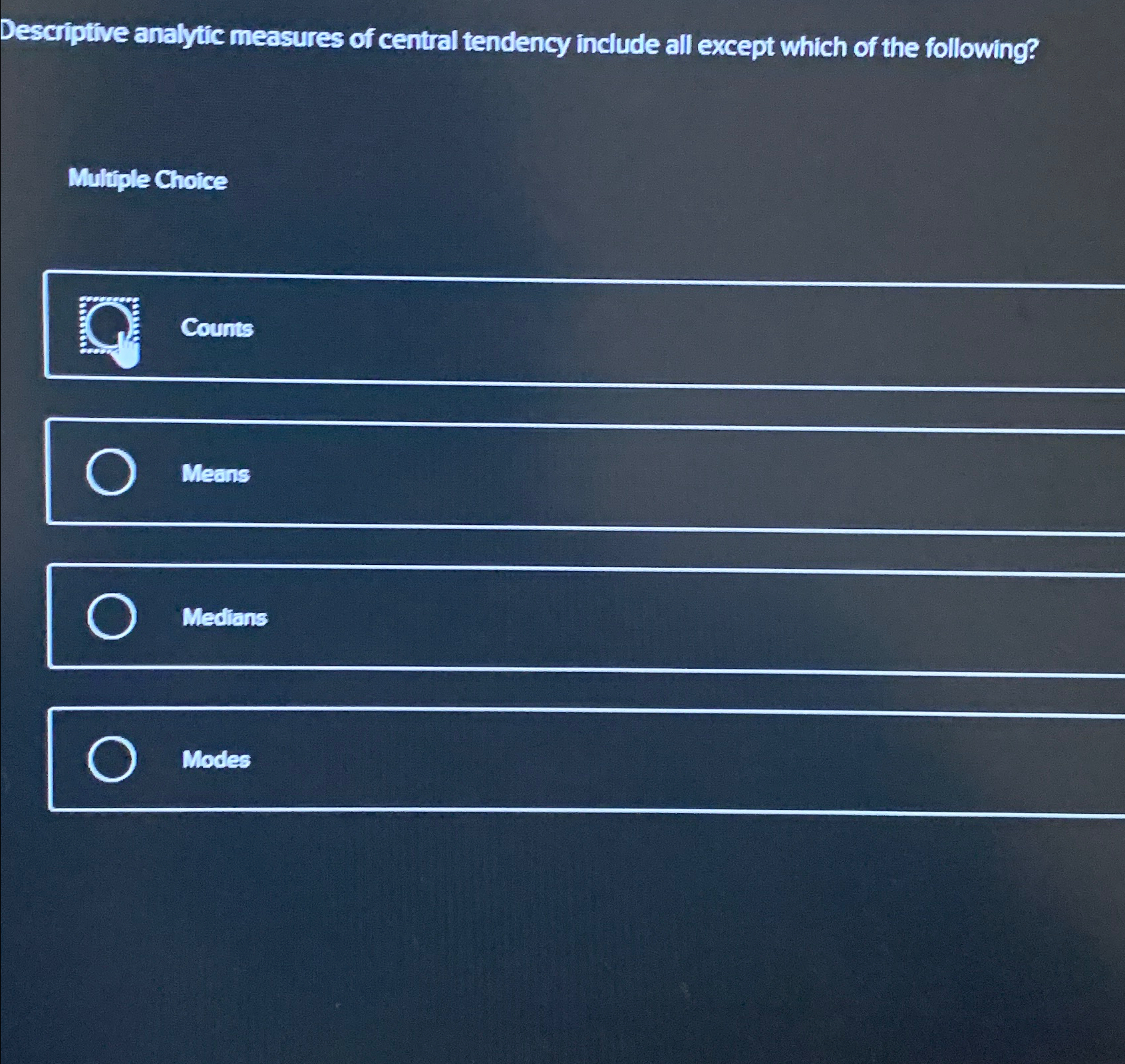  Descriptive analytic measures of central tendency include all except which of