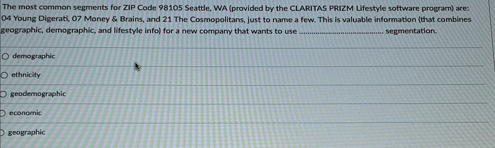  The most common segments for ZIP Code 98105 Seattle, WA (provided