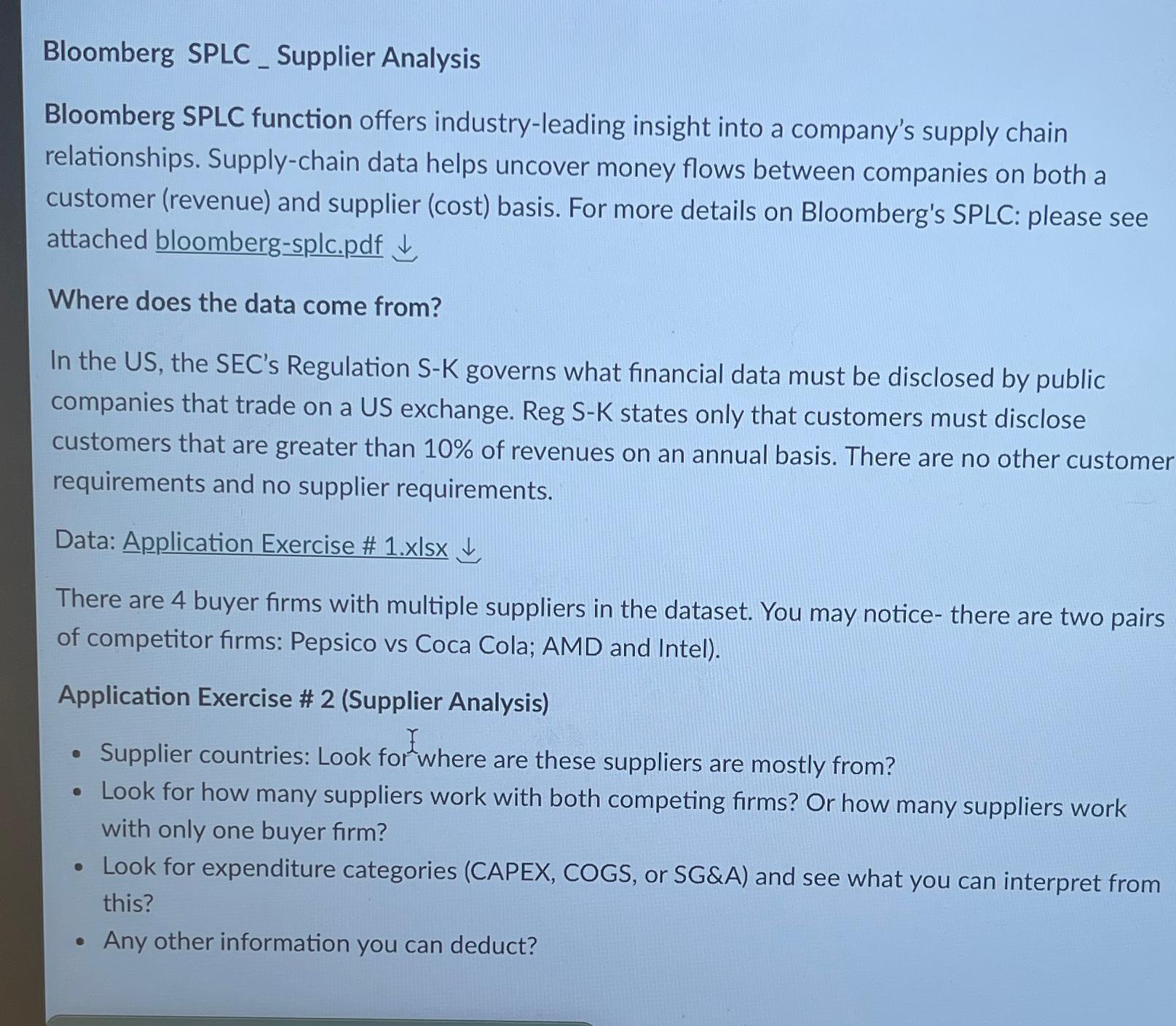  Bloomberg SPLC _ Supplier Analysis Bloomberg SPLC function offers industry-leading insight