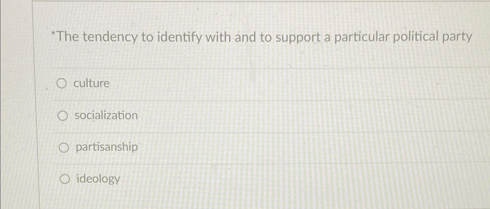  *The tendency to identify with and to support a particular political