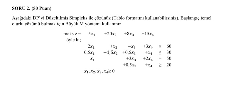  SORU 2.(50 Puan) Aadaki DP'yi Dzeltilmi Simpleks ile znz (Tablo formatn