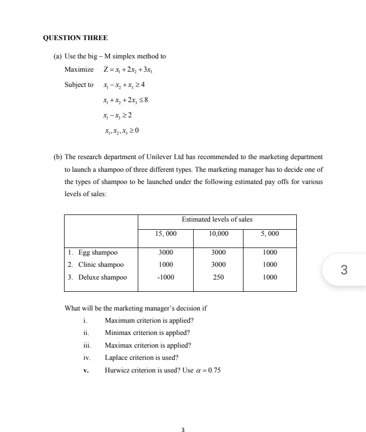  (a) Use the big-M simplex method to {:[" Maximize ",Z=x_(1)+2x_(2)+3x_(3)],[" Subject