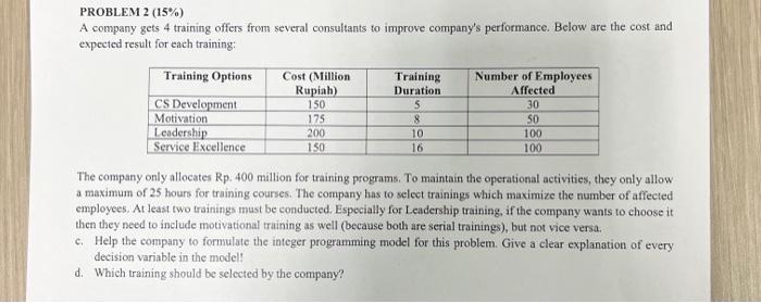  PROBLEM 2 (15%) A company gets 4 training offers from several