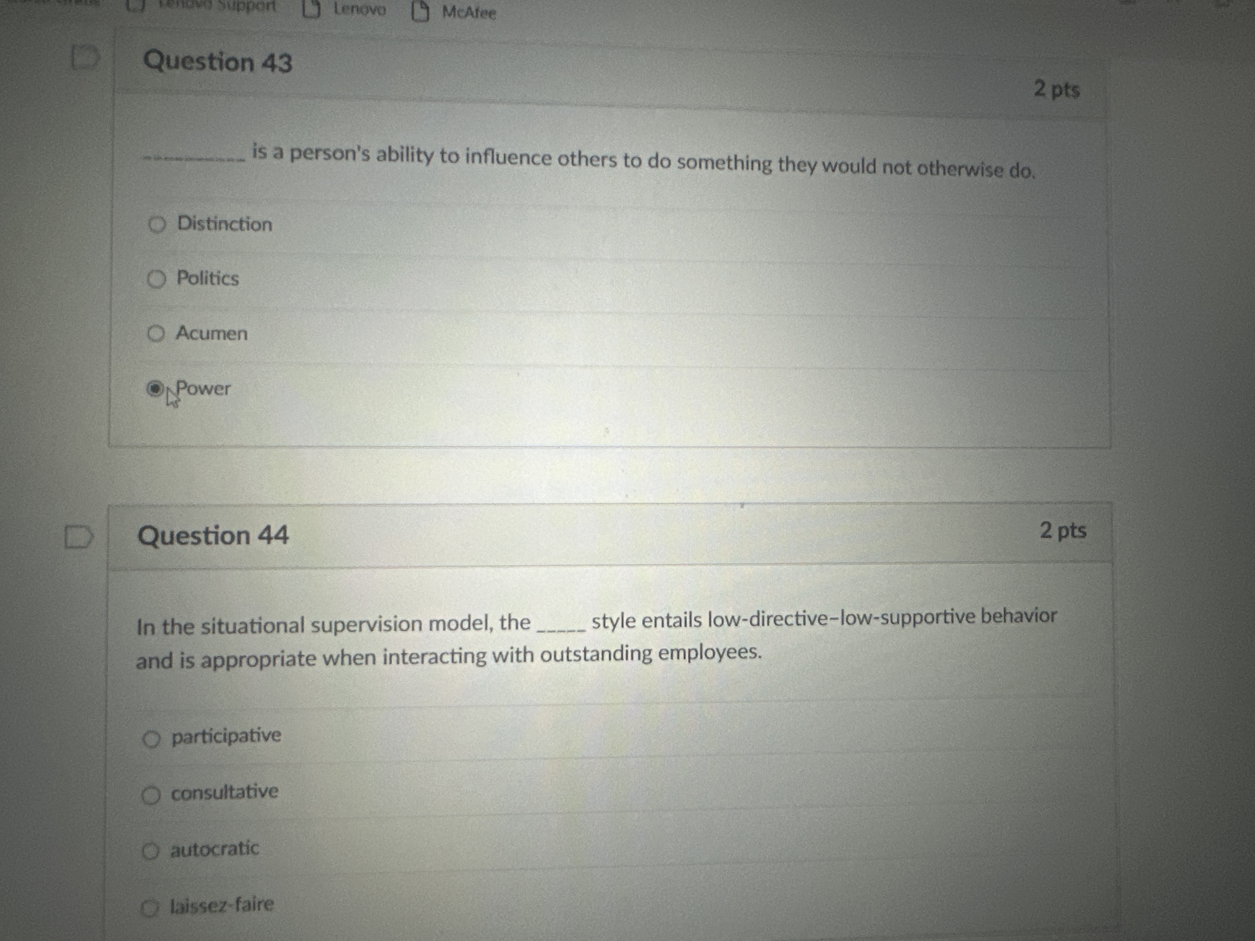  Question 43 is a person's ability to influence others to do