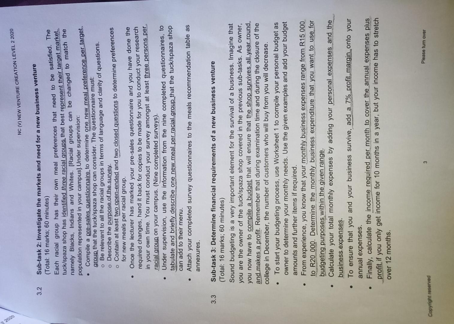  NC (V) NEW VENTURE CREATION LEVEL 22020 3.2 Sub-task 2: Investigate