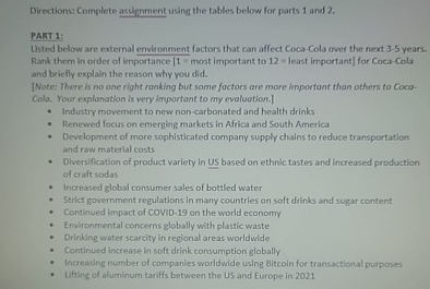  Directions: Complete assignment using the tables below for parts 1 and